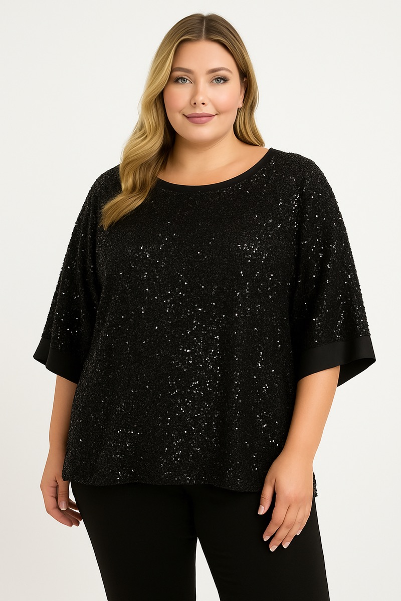 06112025-002 Haut grande taille à sequins noirs – Élégance scintillante et coupe fluide – Image 1