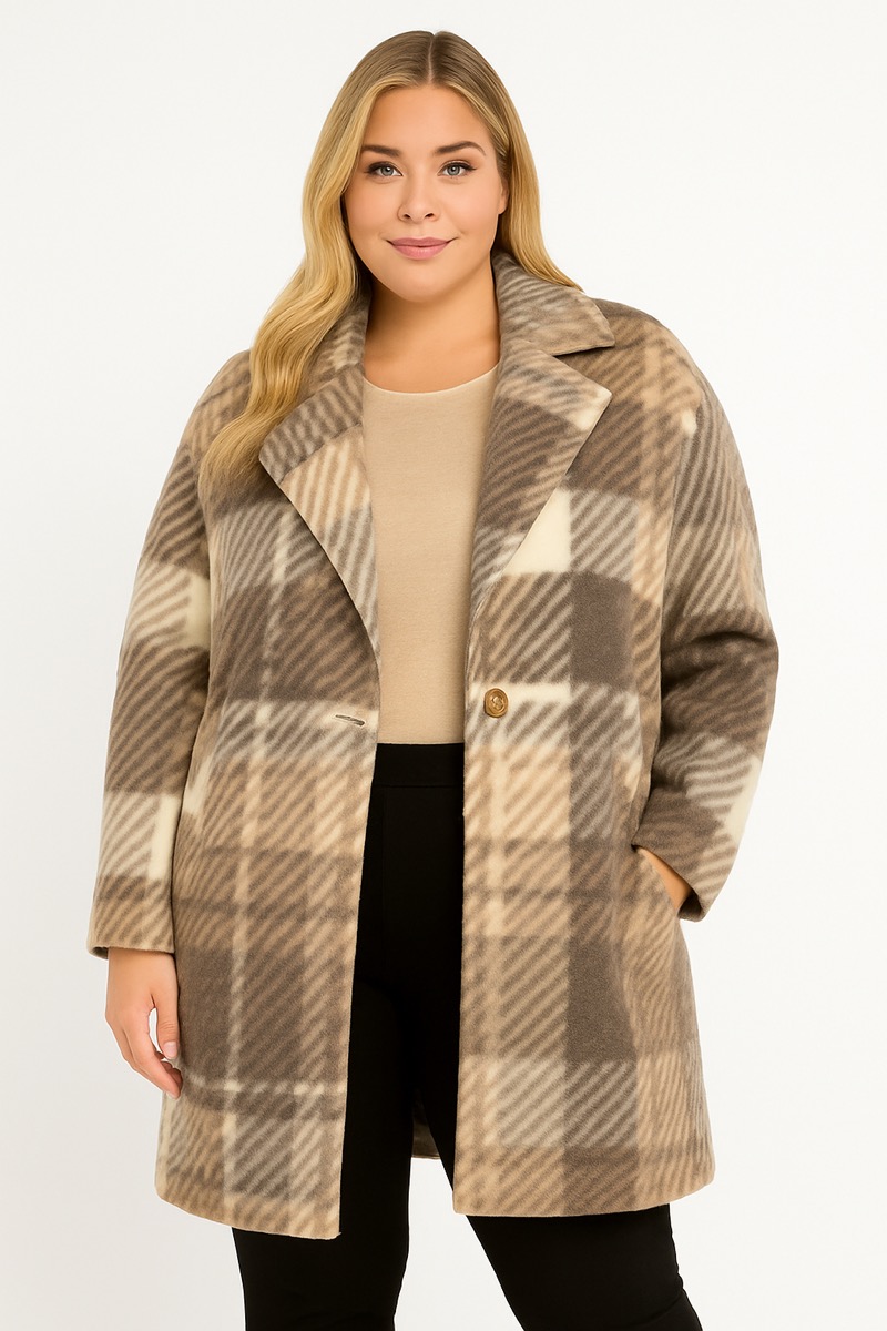 06112025-002 Manteau grande taille à carreaux beige et brun – Chaleur et élégance d’hiver – Image 1