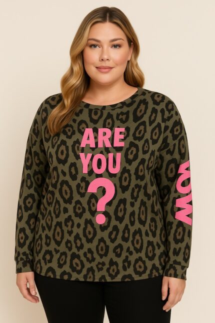 Sweat imprimé léopard kaki à message fluo “ARE YOU ?” – Coupe oversize tendance