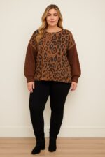 Pull léopard marron à manches tricot oversize – Style cocoon chic grande taille