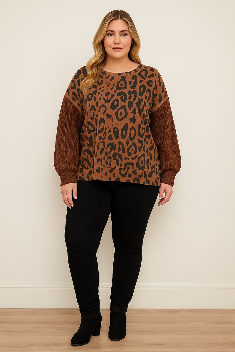 06112025-003 Pull léopard marron à manches tricot oversize – Style cocoon chic grande taille – Image 1