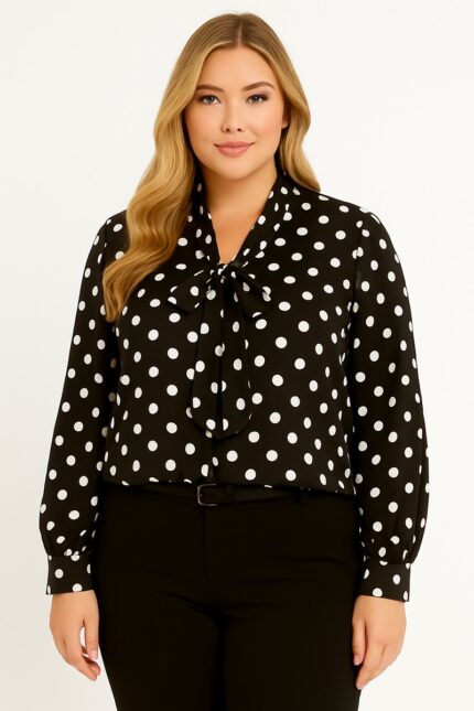 Blouse grande taille à pois avec col lavallière – Élégance intemporelle