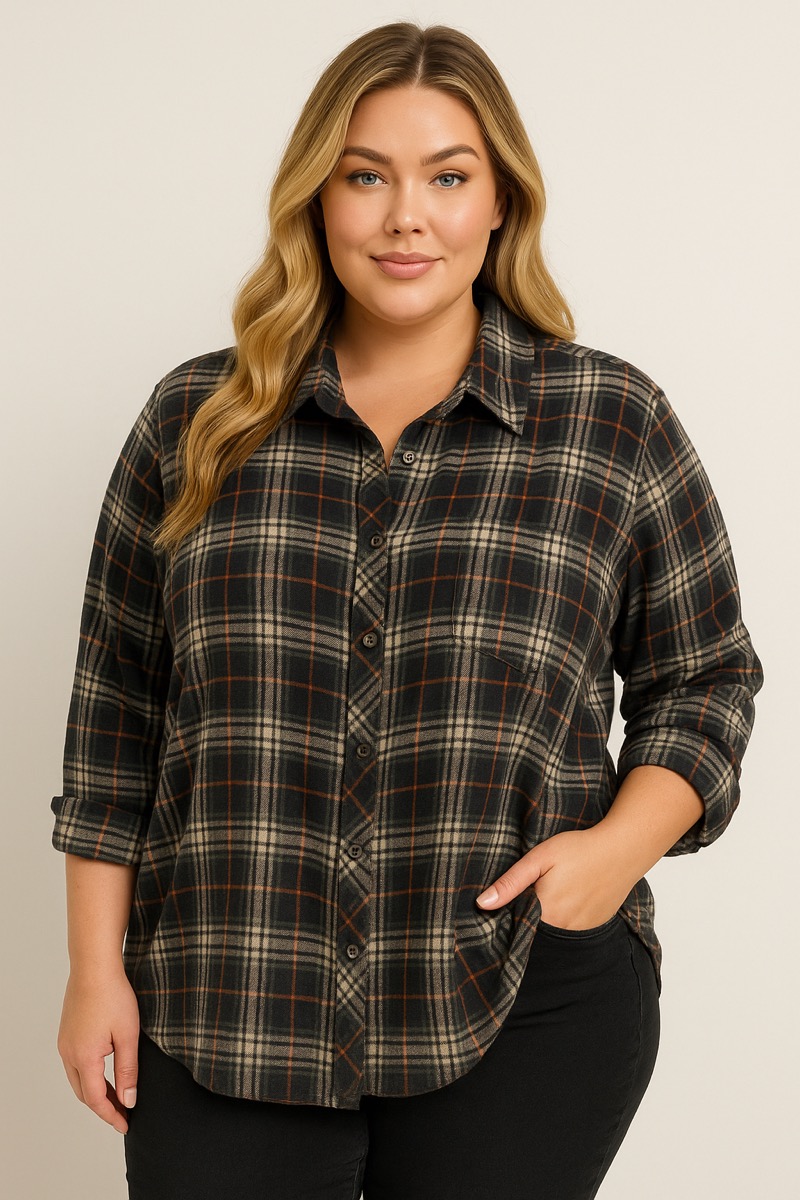 06112025-004 Chemise à carreaux oversize en flanelle douce – Style “Casual chic” grande taille – Image 1