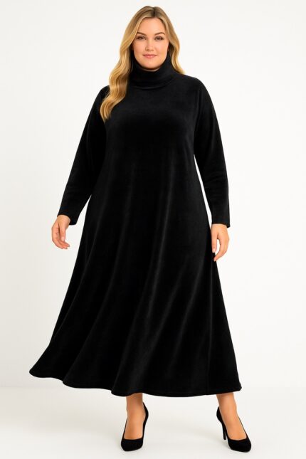 Robe longue velours ras col montant – Élégance sobre et confort cocooning