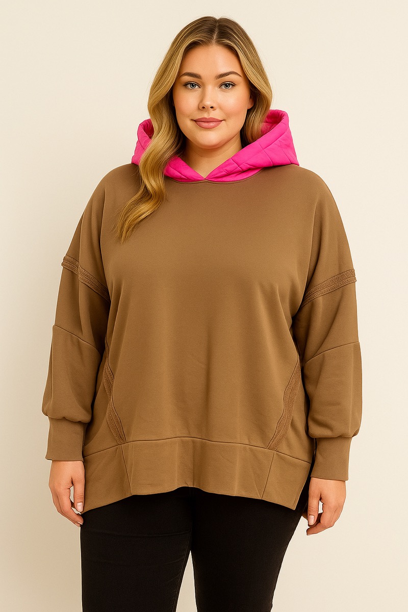 06112025-005 Sweat oversize à capuche matelassée rose fluo – Style urbain chic grande taille – Image 1