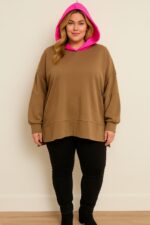 Sweat oversize à capuche matelassée rose fluo – Style urbain chic grande taille – Image 2