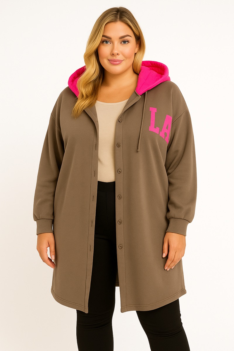 06112025-006 Veste longue grande taille à capuche fuchsia – Esprit urbain et décontracté – Image 1