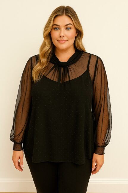 Blouse noire transparente à strass discrets – Élégance subtile grande taille