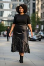 Jupe Longue Satin & Dentelle Grande Taille – Élégance Moderne, Fluidité et Fines Finitions