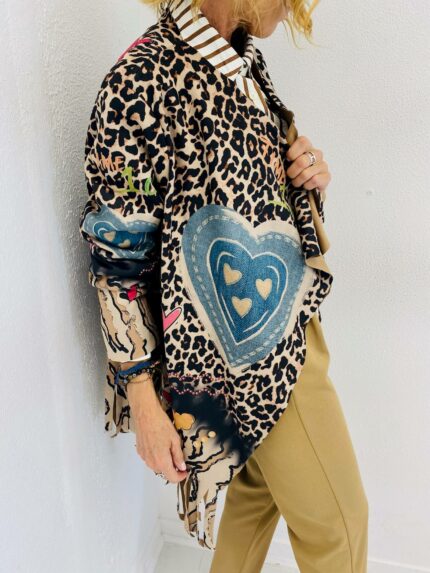 Veste Fluide à Imprimé Léopard et Franges