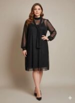 Robe plumetis noire mi-longue – Élégance fluide & transparence raffinée
