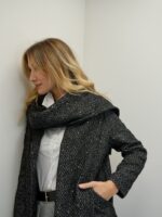 Manteau Long Tissé Noir Sequin – 20% Laine & Écharpe Amovible Intégrée – Image 4