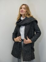 Manteau Long Tissé Noir Sequin – 20% Laine & Écharpe Amovible Intégrée