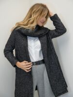 Manteau Long Tissé Noir Sequin – 20% Laine & Écharpe Amovible Intégrée – Image 2