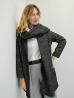 Manteau Long Tissé Noir Sequin – 20% Laine & Écharpe Amovible Intégrée – Image 3