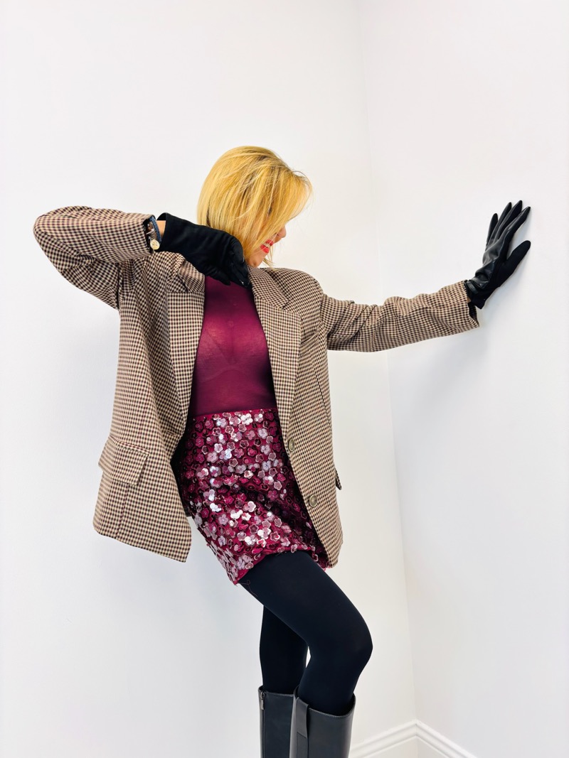 21112025-002 Blazer Pied-de-Poule + gants simili cuir intégrés – Look chic & moderne – Image 1