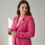 Veste biker en suédine fuchsia – Grande taille