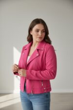 Veste biker en suédine fuchsia – Grande taille