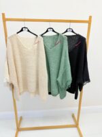 Pull fluide grande taille fuchsia à col V et manches larges dentelles – Image 3