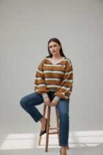 Pull grande taille rayé col V – Maille douce aux tons chauds et coupe flatteuse – Image 2
