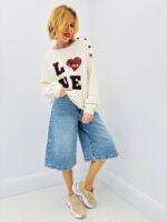 Pull Message Love à Détail Boutonné en Maille Douce