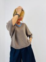 Maille Col V Contrasté – Manches 3/4, Douceur Premium & Style Italien