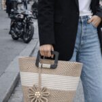 Sac Cabas Tressé À Poignées Graphiques & Fleur Décorative