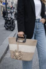 Sac Cabas Tressé À Poignées Graphiques & Fleur Décorative