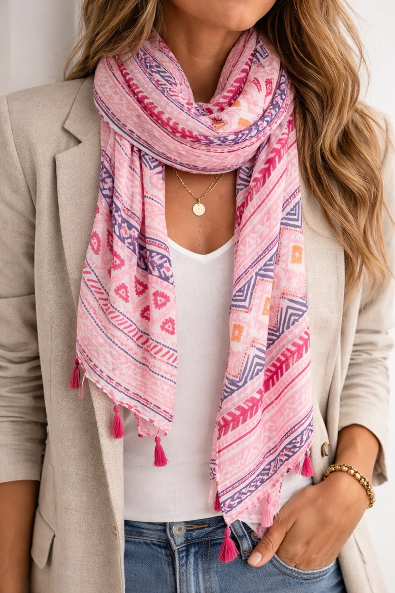 4FB27DA7-16D0-4C80-AE57-009C8F2BA27E Écharpe Ethnique À Motifs Graphiques Et Pompons – Image 1