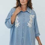 Chemise Oversize Denim Brodée À Perles & Dentelle Esprit Bohème Chic