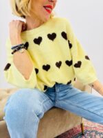 Pull en Maille Douce à Motifs Cœurs Contrastés