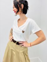 T-Shirt Femme En Coton Col V Avec Cœur Léopard Brodé