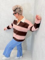 Pull rayé esprit polo rose et chocolat – Grande Taille – Style casual chic et confort absolu
