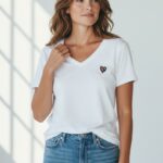 T-Shirt Femme En Coton Col V Avec Cœur Léopard Brodé