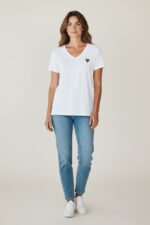 T-Shirt Femme En Coton Col V Avec Cœur Léopard Brodé – Image 3