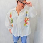 Chemise Grande Taille En Coton Blanc À Broderies Florales Colorées