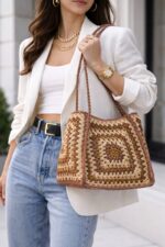 Sac En Paille Tressée Motif Crochet Bohème