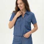 Top Effet Denim À Col Chemise Et Poches Plaquées