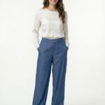 Pantalon Effet Denim Coupe Barrel Taille Haute