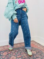 Jean En Denim À Broderies Fleurs Multicolores