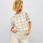 Pull Manches Courtes À Carreaux En Maille Douce