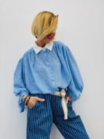 Chemise Manches Bouffantes Col Contrasté – Allure Bohème Chic