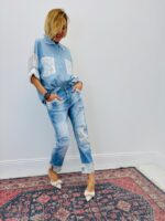 Jean Coupe Baggy Détails Fleurs Denim Bohème – Image 4