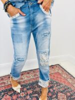 Jean Coupe Baggy Détails Fleurs Denim Bohème
