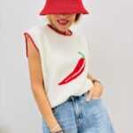 Pull Sans Manches Maille Douce Motif Piment Rouge