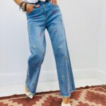 Jean Wide Leg Broderies Florales Esprit Bohème
