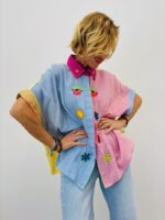 Chemise Manches Courtes En Coton Brodée Patchwork Coloré