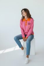 Pull Col Polo Contrasté Brodé Fleur – Image 2