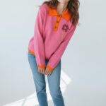 Pull Col Polo Contrasté Brodé Fleur