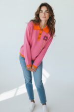 Pull Col Polo Contrasté Brodé Fleur